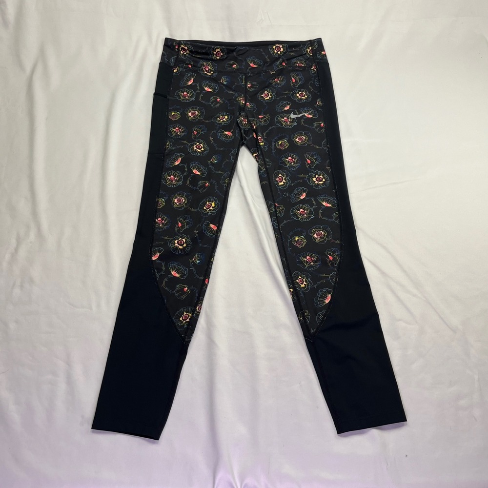 Nike Dri-FIT Leggings Black Floral Poppy Print Pocket Activewear Large